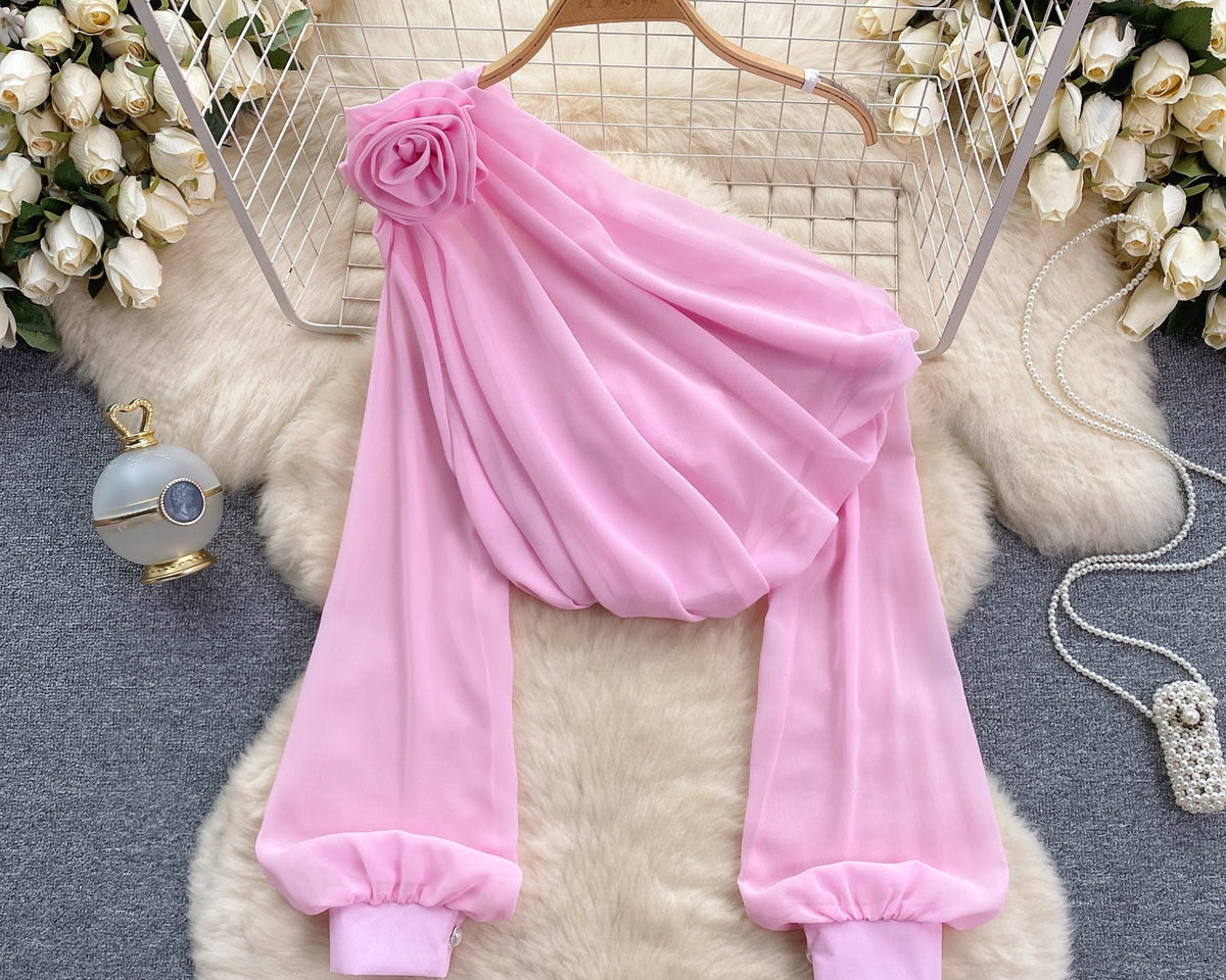 Tek omuzlu 3D Çiçekli Şifon Bluz