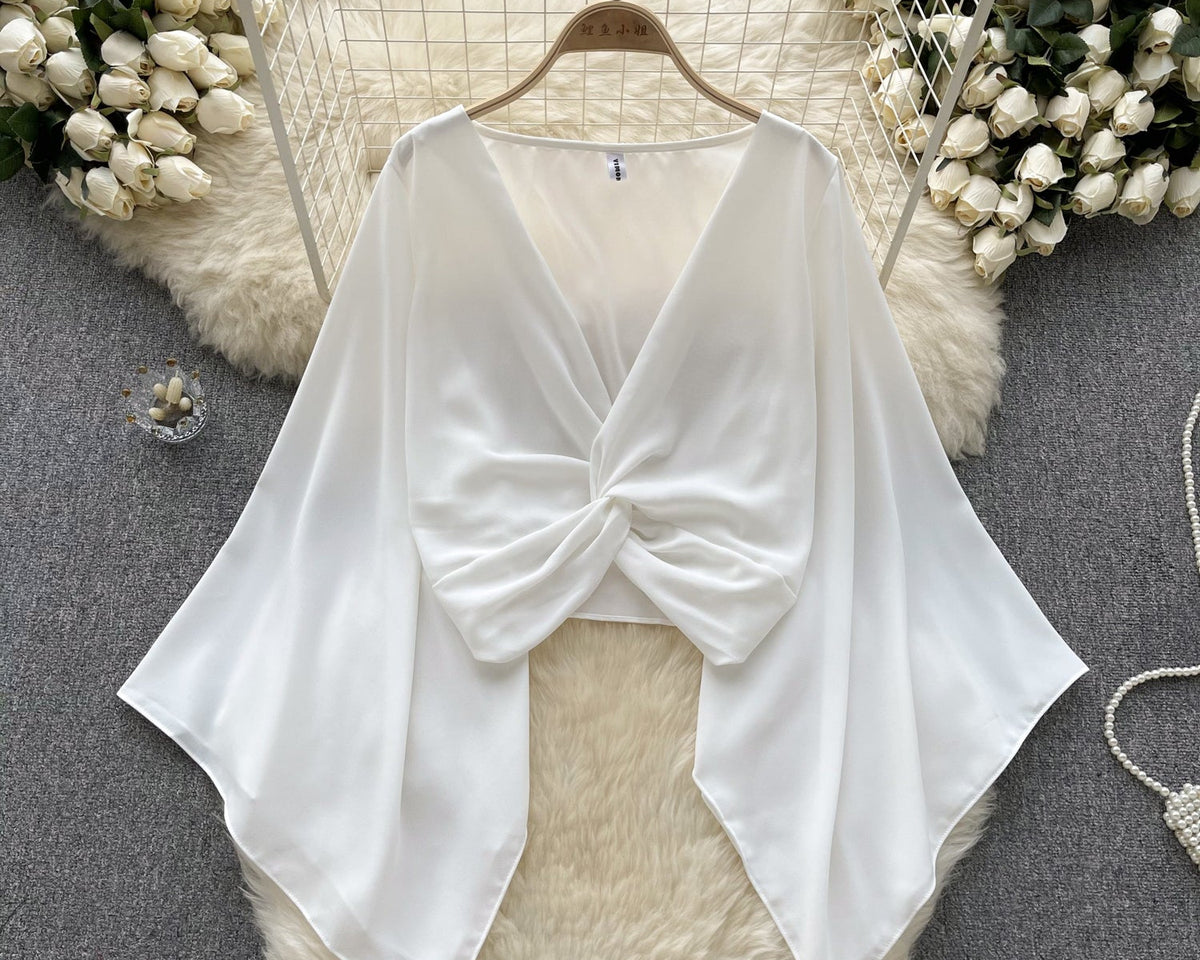 V-Yaka Kıvrımlı Düz Renk Şifon Bluz