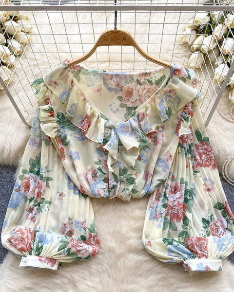 Tatlı Ruffled Şifon Çiçekli Bluz