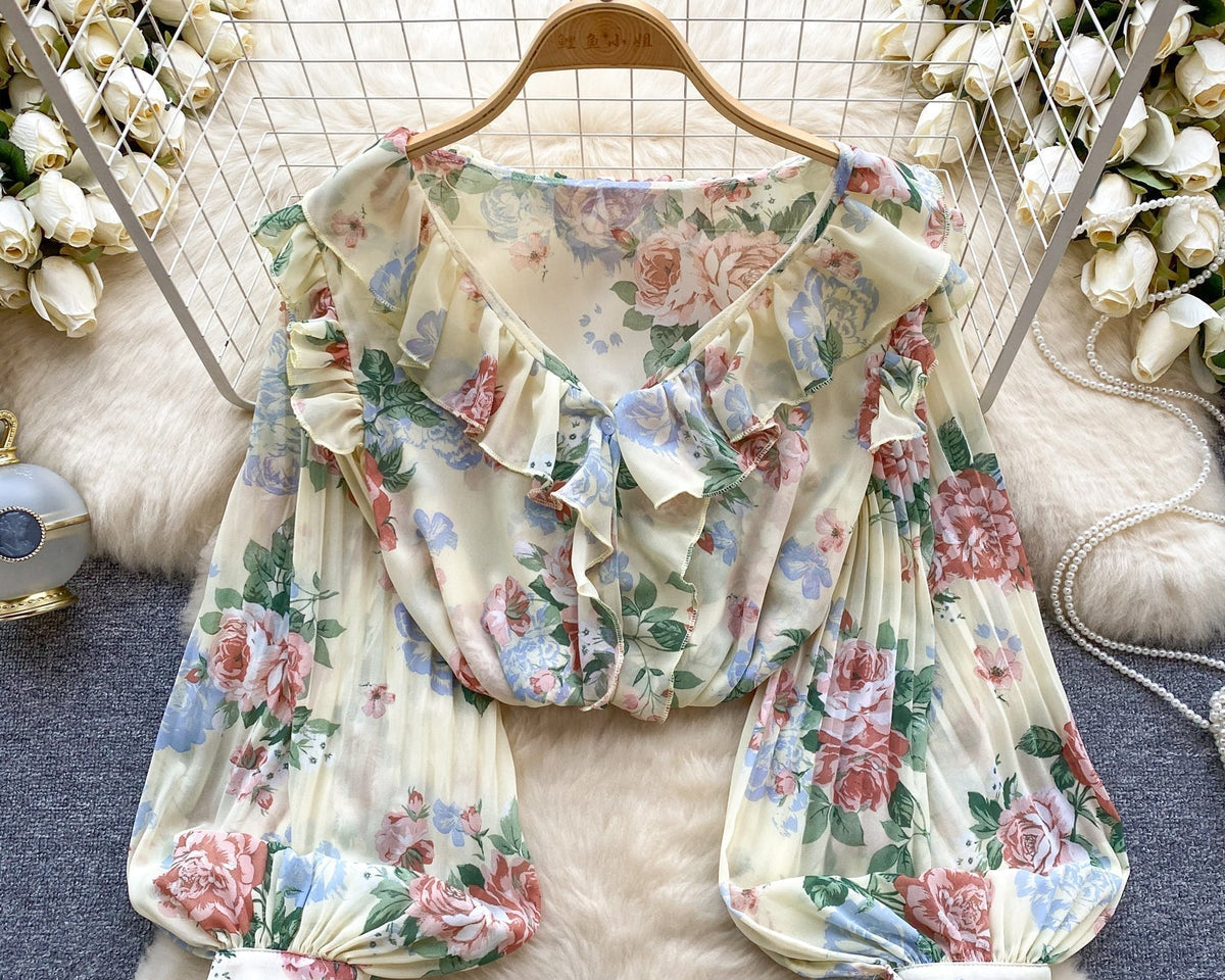 Tatlı Ruffled Şifon Çiçekli Bluz
