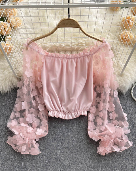 Omuzdan Açık Kısa File Çiçekli Bluz