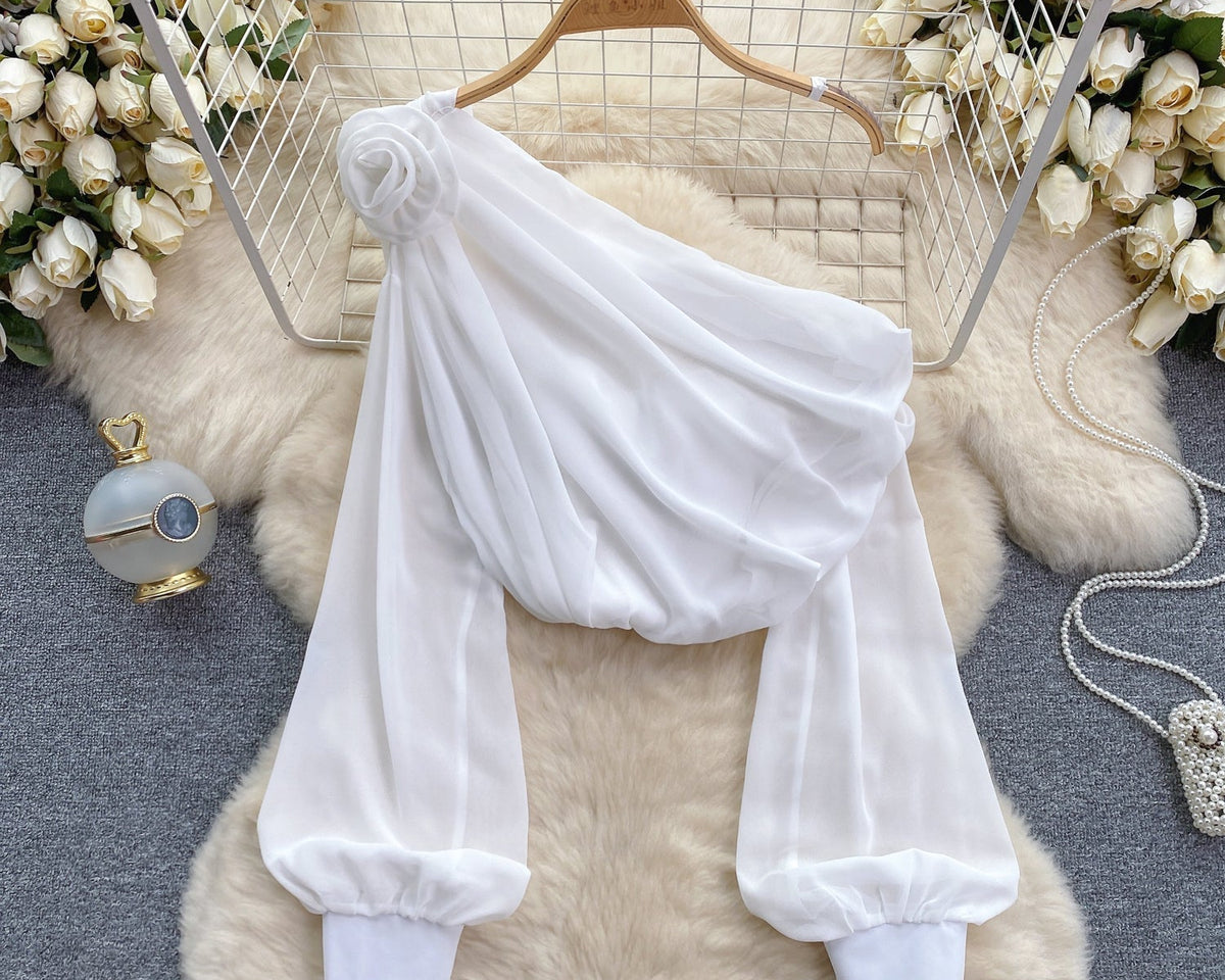 Tek omuzlu 3D Çiçekli Şifon Bluz