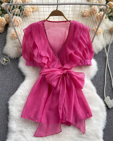 Boncuklu Papyon Detaylı  Mesh Şifon Üst