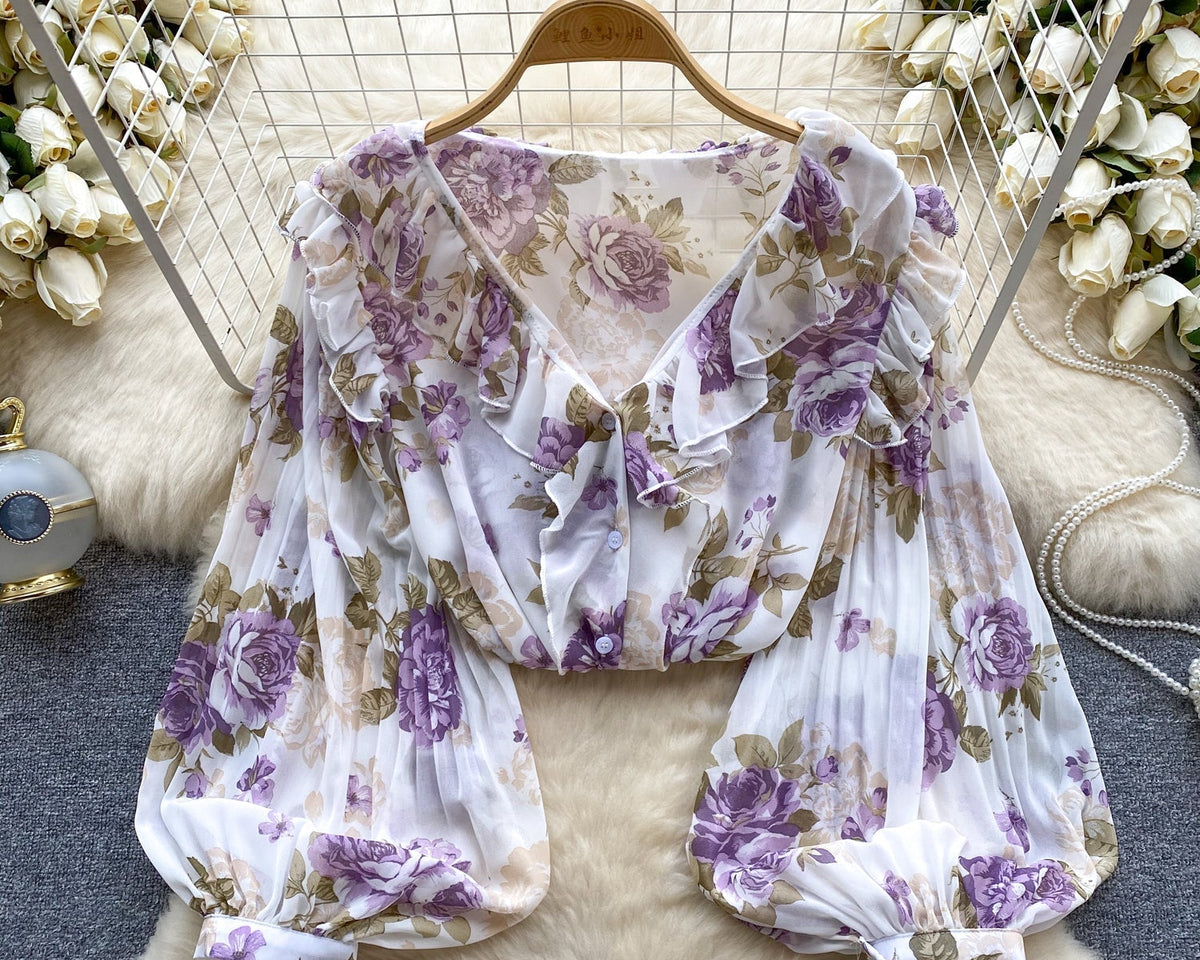 Tatlı Ruffled Şifon Çiçekli Bluz