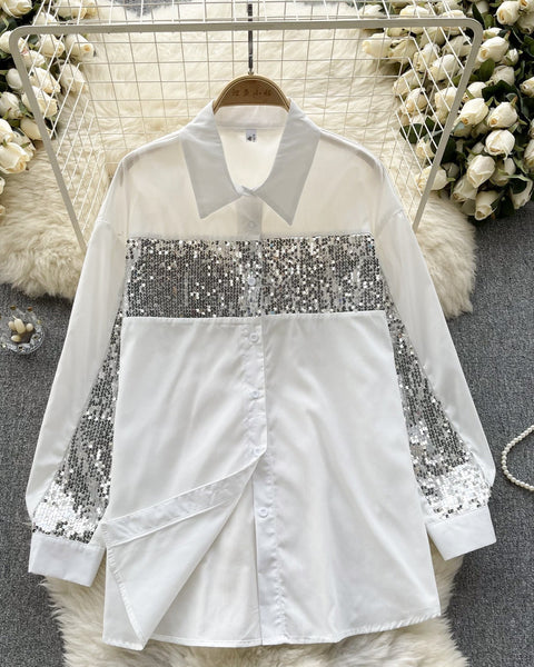 Şık Payetli Patchwork Uzun Kollu Gömlek