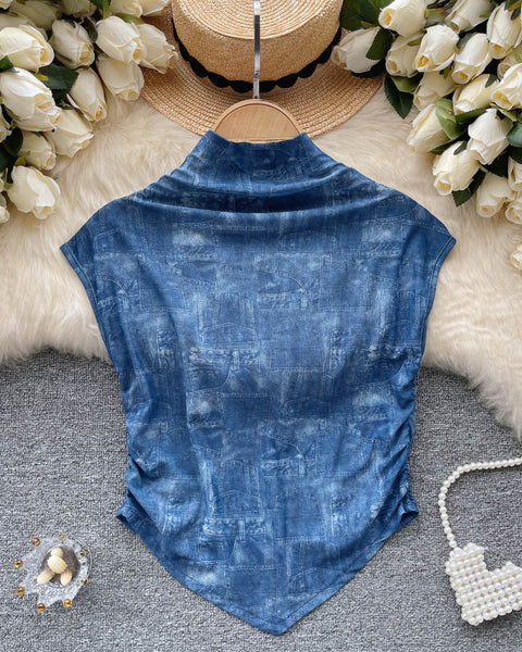 Baskılı Kolsuz Elastik File Üst