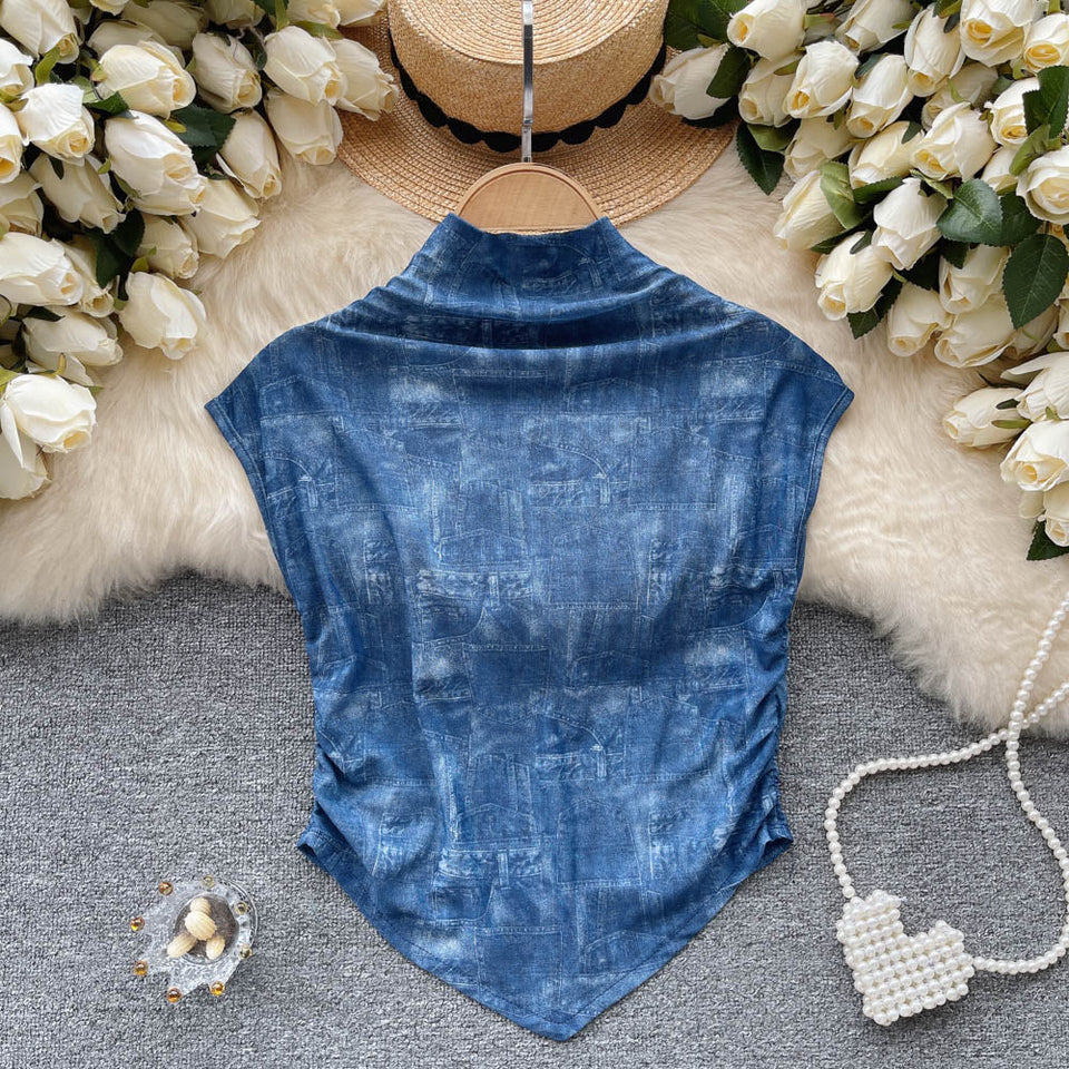 Baskılı Kolsuz Elastik File Üst