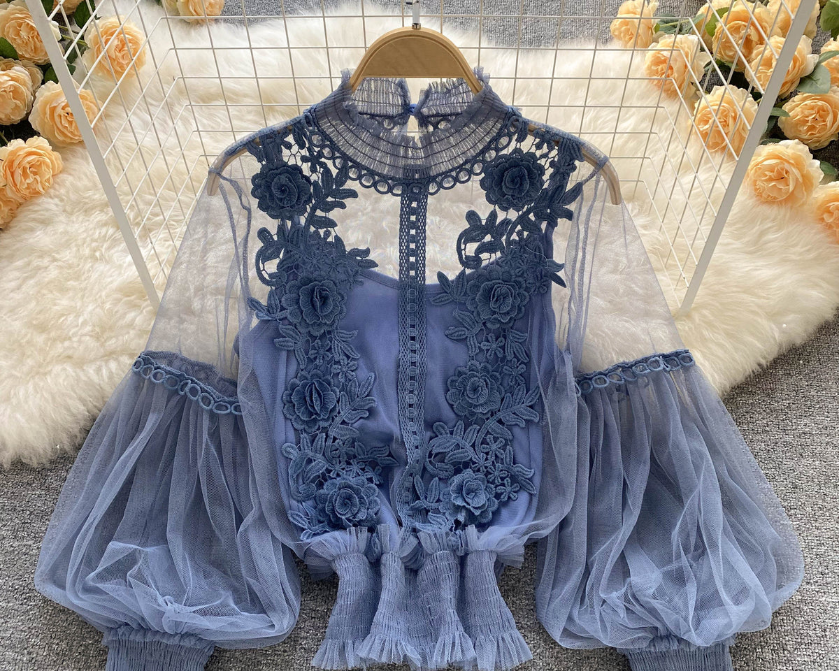 File Fener Kol Dantel İşlemeli Gömlek