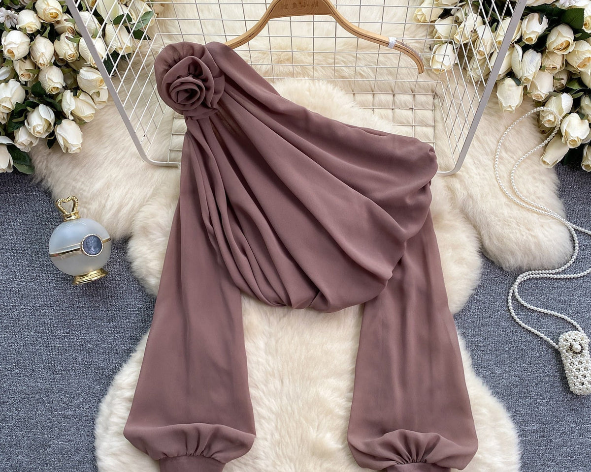 Tek omuzlu 3D Çiçekli Şifon Bluz