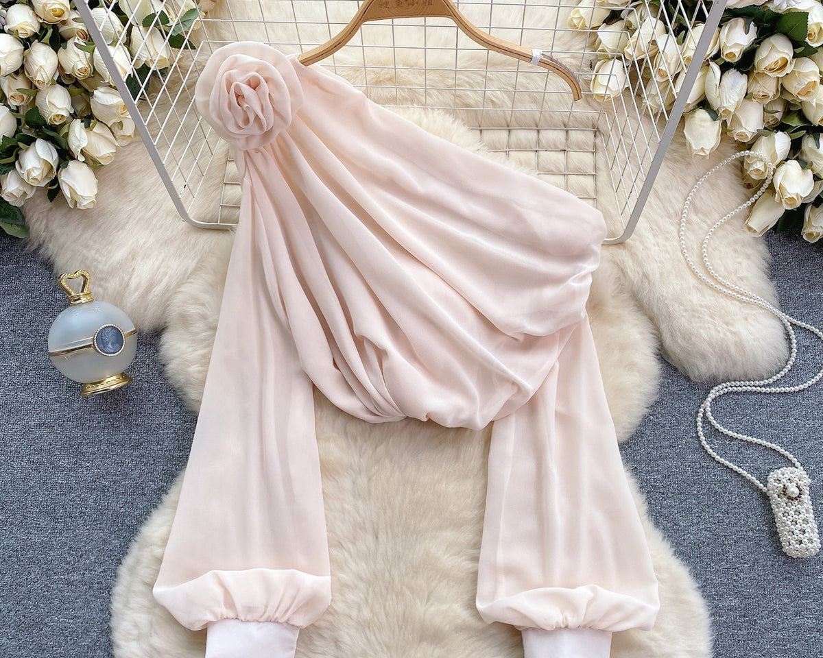 Tek omuzlu 3D Çiçekli Şifon Bluz