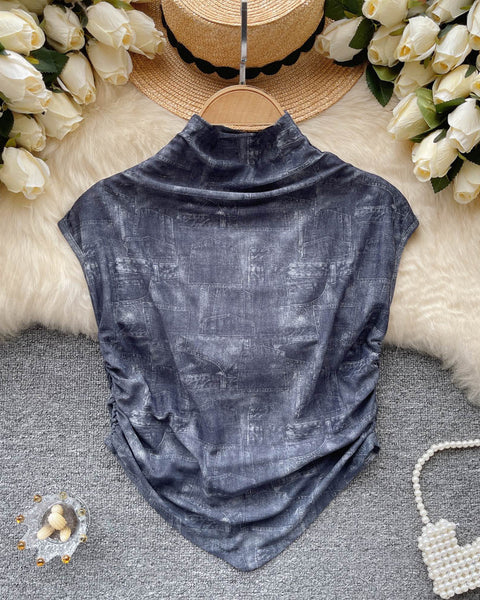 Baskılı Kolsuz Elastik File Üst