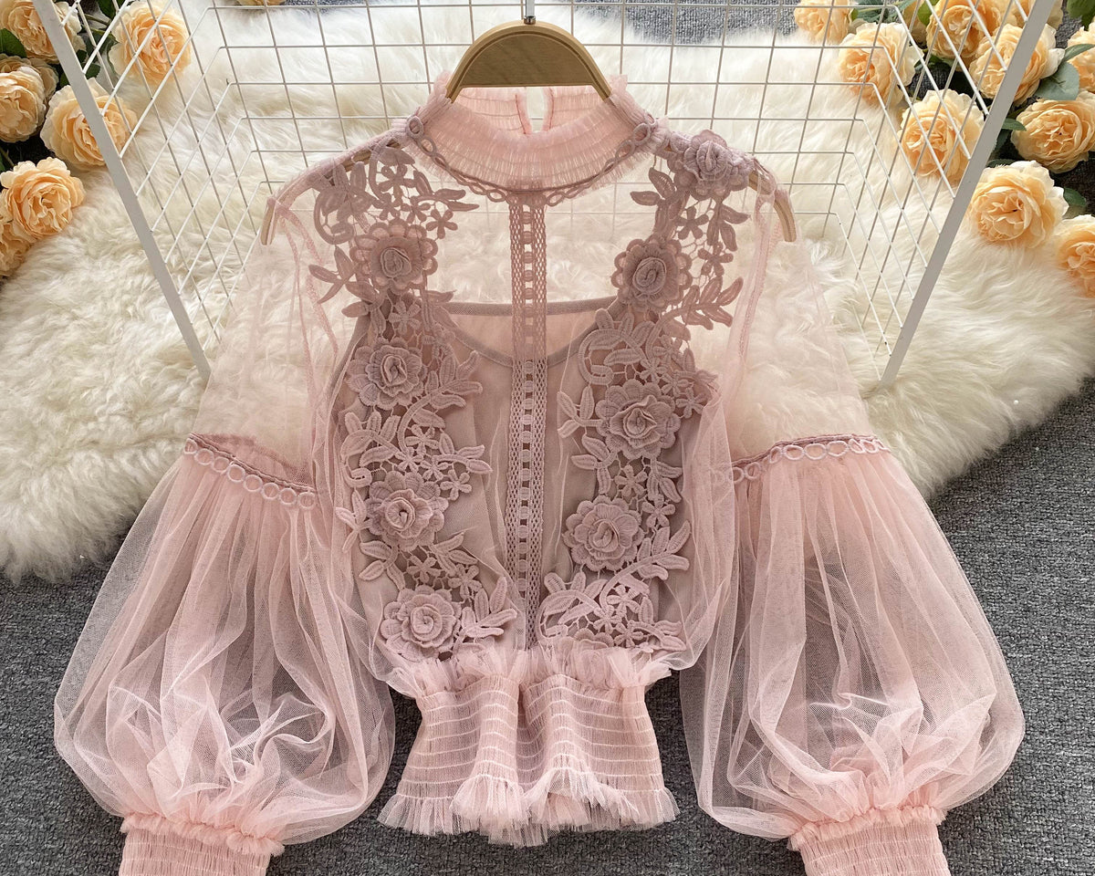 File Fener Kol Dantel İşlemeli Gömlek