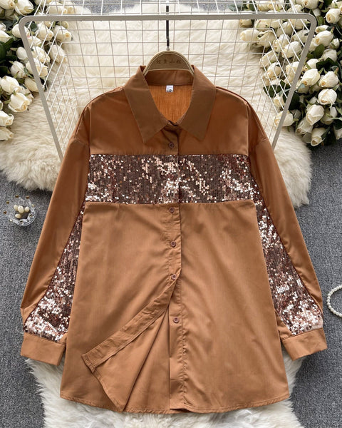 Şık Payetli Patchwork Uzun Kollu Gömlek