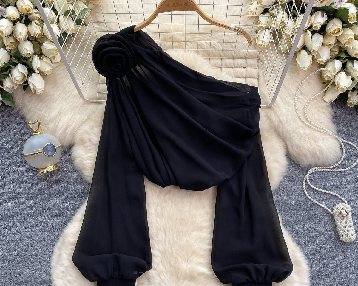 Tek omuzlu 3D Çiçekli Şifon Bluz