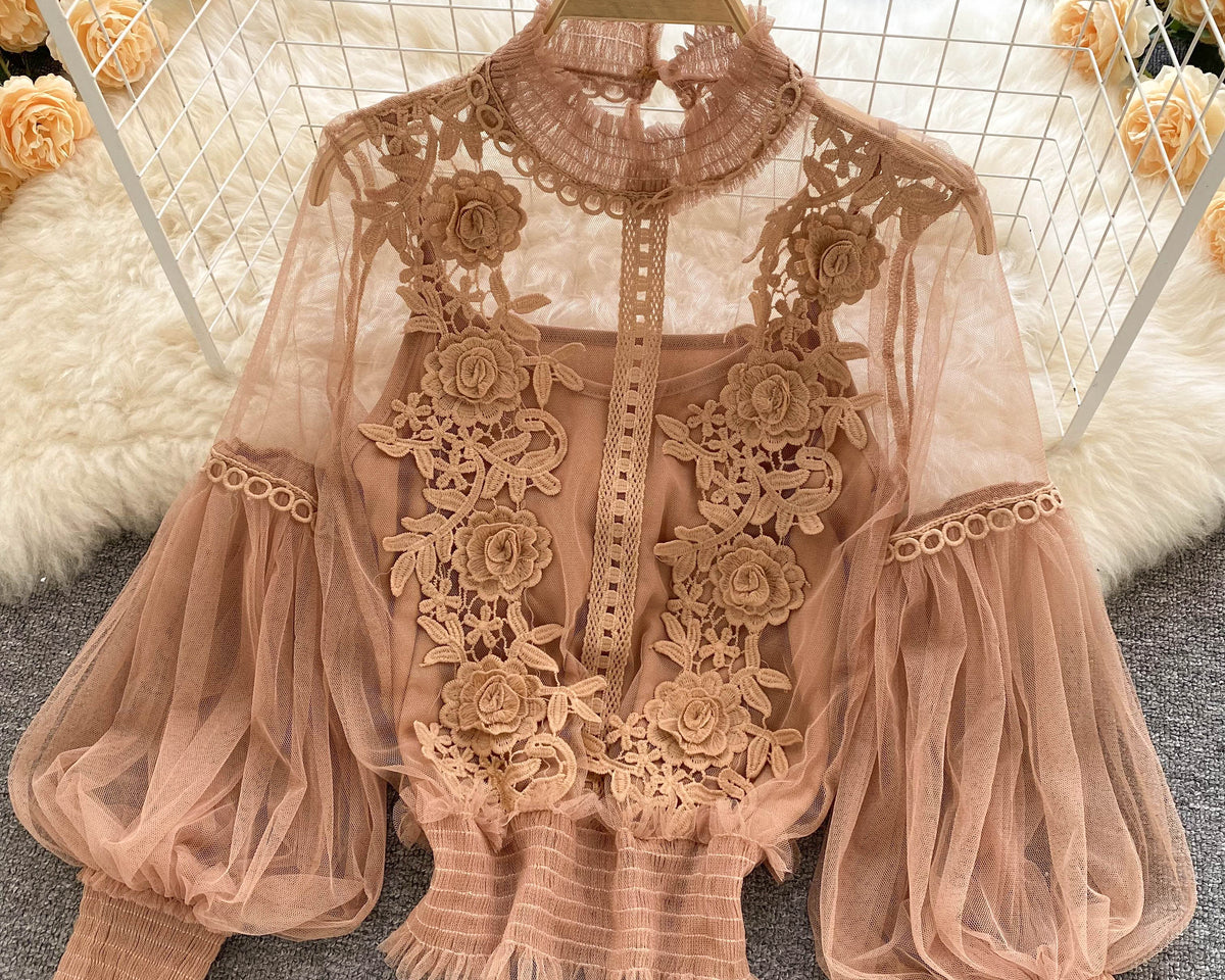 File Fener Kol Dantel İşlemeli Gömlek