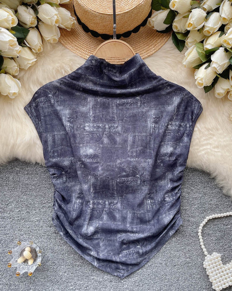 Baskılı Kolsuz Elastik File Üst