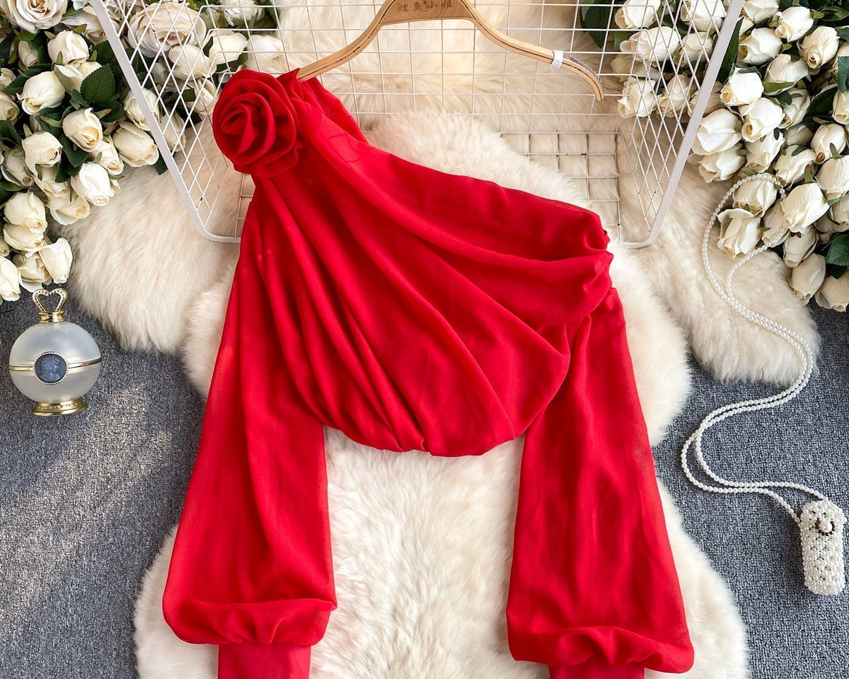 Tek omuzlu 3D Çiçekli Şifon Bluz