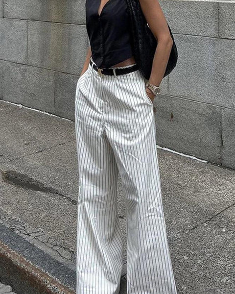 Çizgili Pantolon, Geniş Paça, Kemersiz