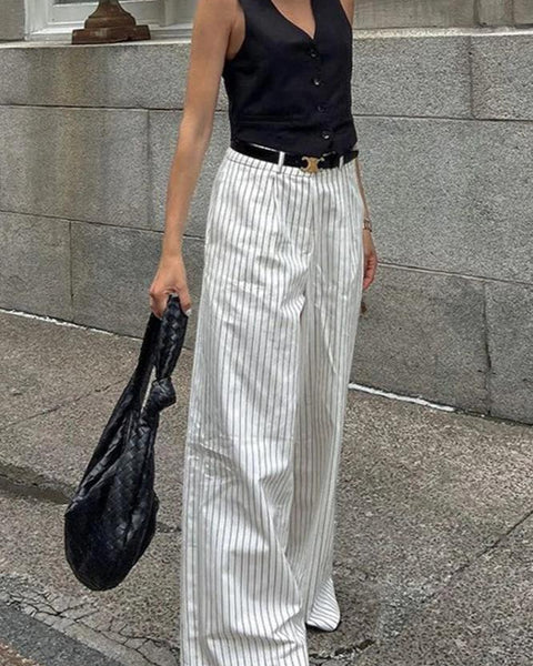 Çizgili Pantolon, Geniş Paça, Kemersiz