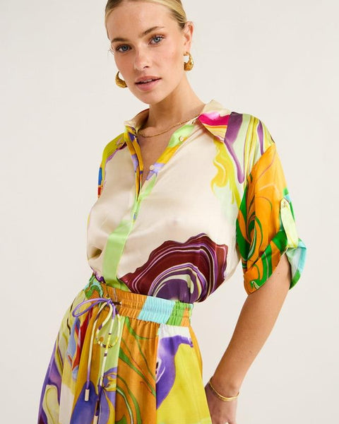 Anna Baskılı Saten Bluz Seti