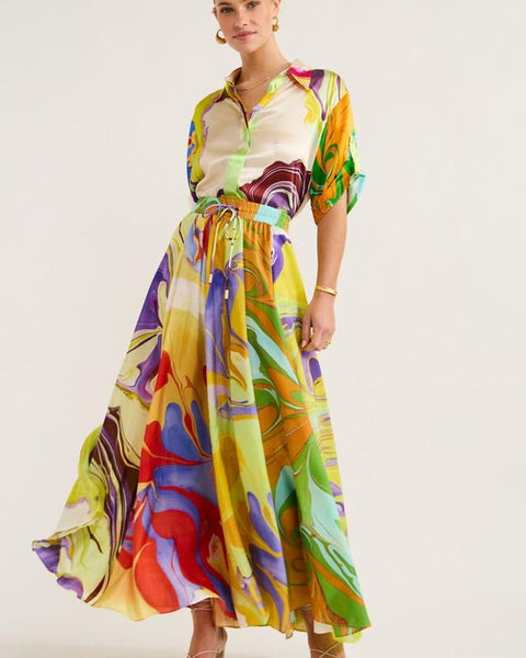 Anna Baskılı Saten Bluz Seti