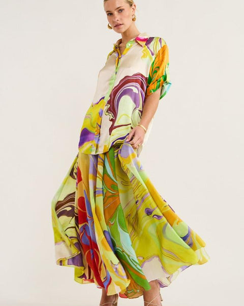 Anna Baskılı Saten Bluz Seti