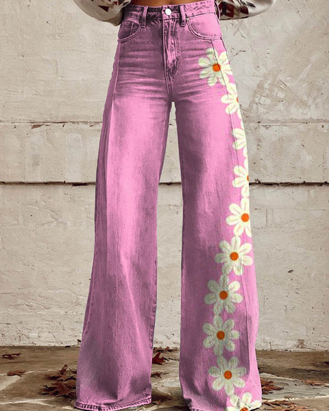 Çiçek Açan Pembe Papatya Salaş Pantolon