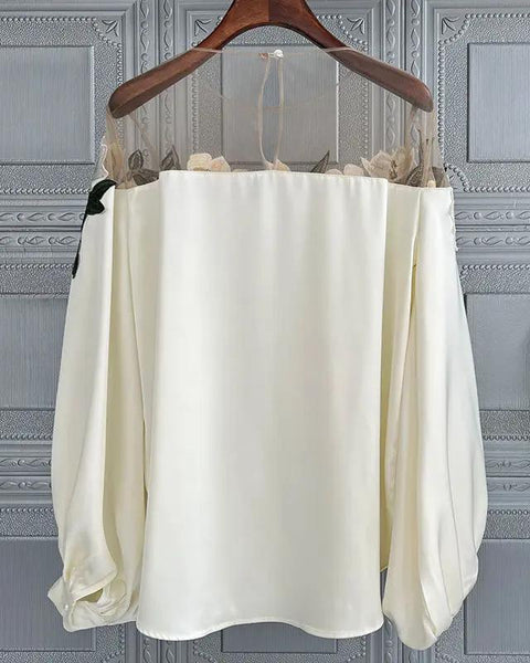 Çiçek İşlemeli Uzun Kollu Şifon Bluz