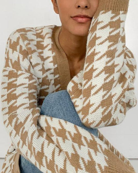 Büyük Beden Houndstooth Desenli Triko Hırka