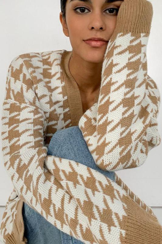 Büyük Beden Houndstooth Desenli Triko Hırka