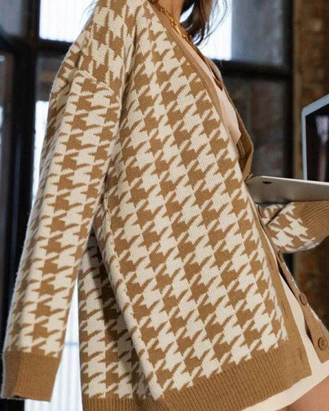 Büyük Beden Houndstooth Desenli Triko Hırka