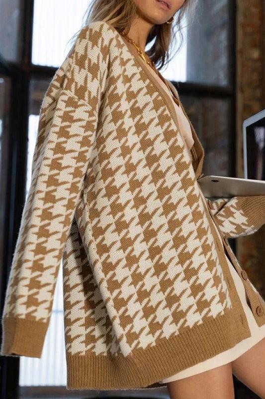 Büyük Beden Houndstooth Desenli Triko Hırka