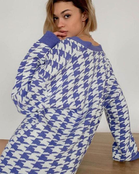 Büyük Beden Houndstooth Desenli Triko Hırka