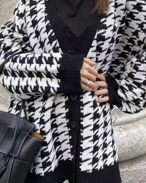 Büyük Beden Houndstooth Desenli Triko Hırka