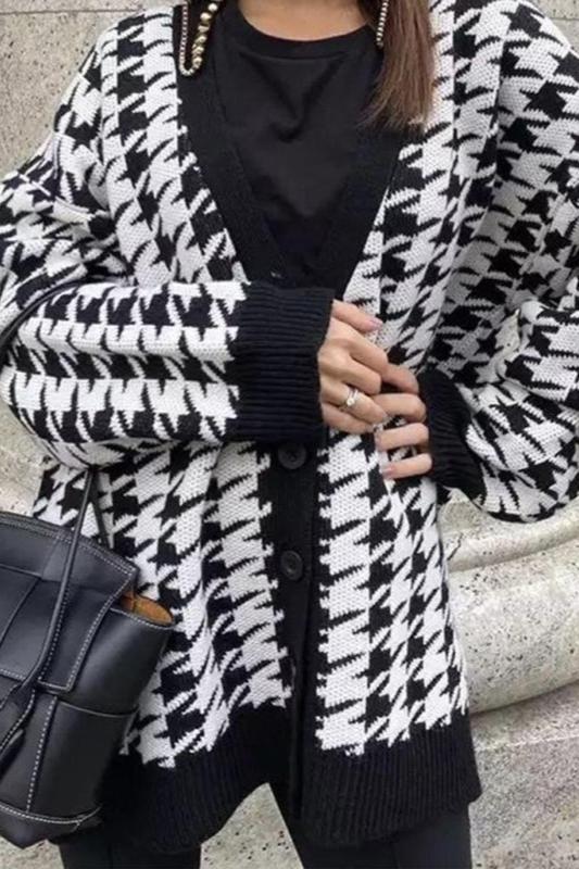 Büyük Beden Houndstooth Desenli Triko Hırka